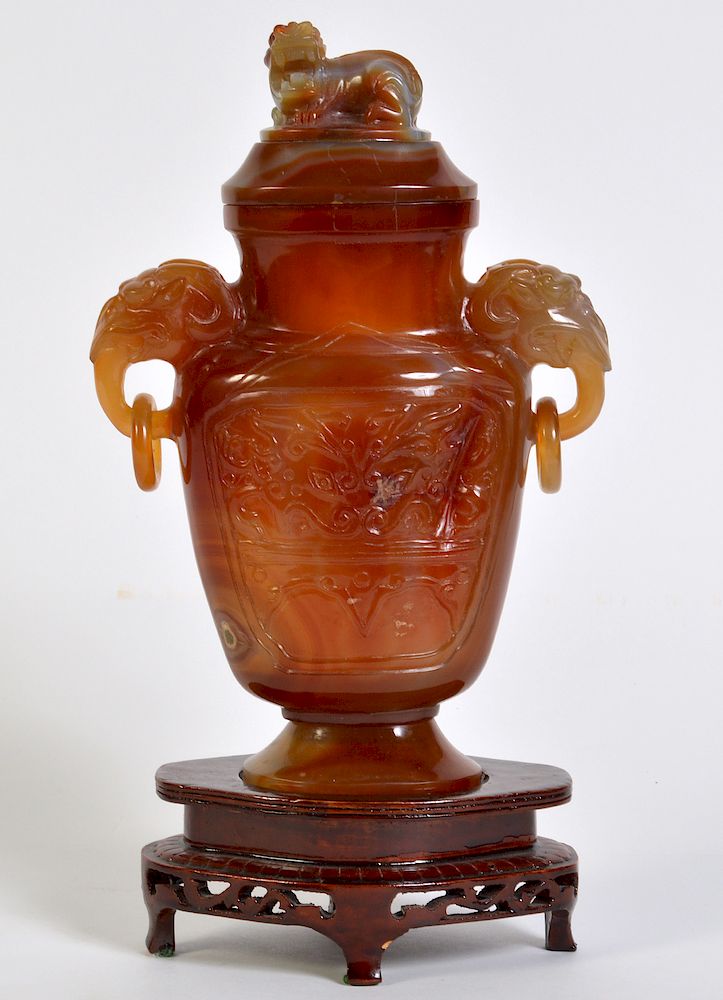 Appraisal: Amber Quartz Lidded Chinese Urn on Stand Carved amber quartz