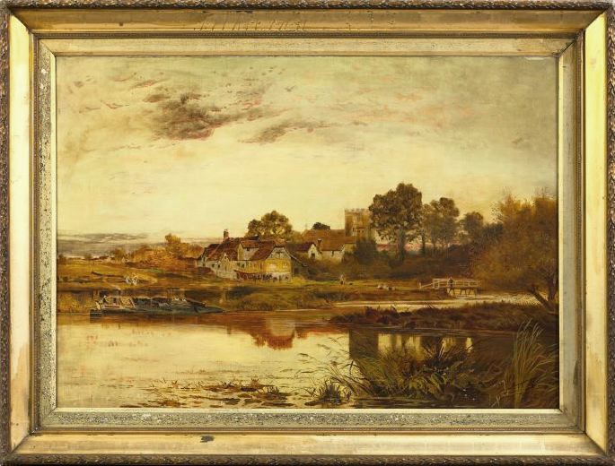 Appraisal: British School th Century Riverside Village Scene oil on canvas