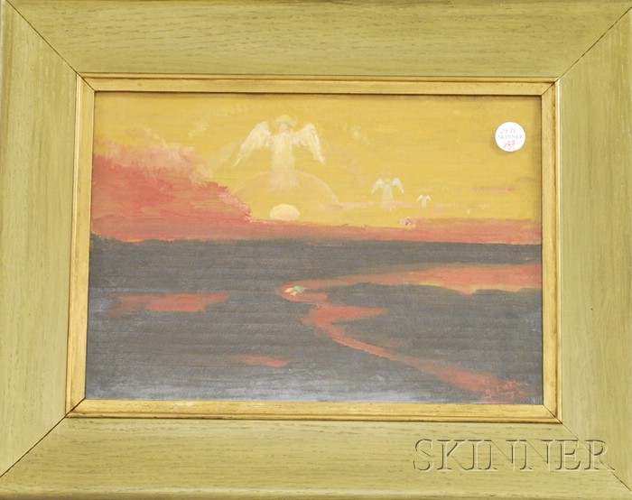 Appraisal: Gold-painted Oak Framed Oil on Panel View of Sunset and