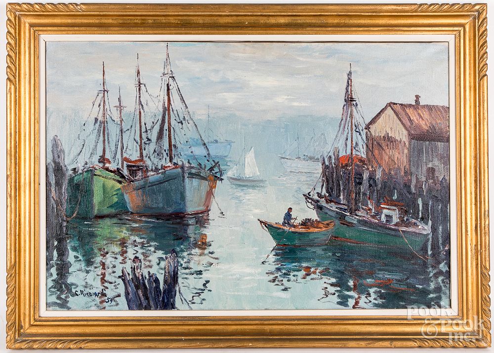 Appraisal: Cesare Ricciardi oil on canvas harbor scene Cesare Ricciardi American