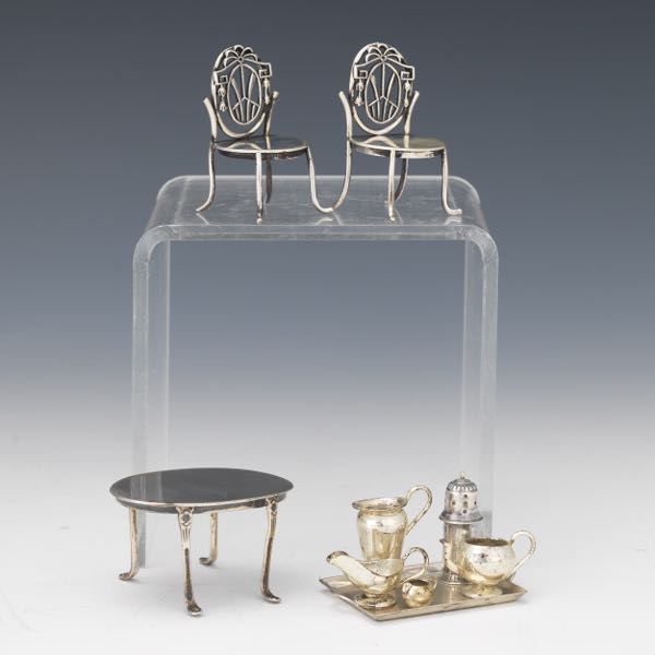 Appraisal: NINE STERLING SILVER DOLL HOUSE MINIATURES BY CURRIER ROBY AND