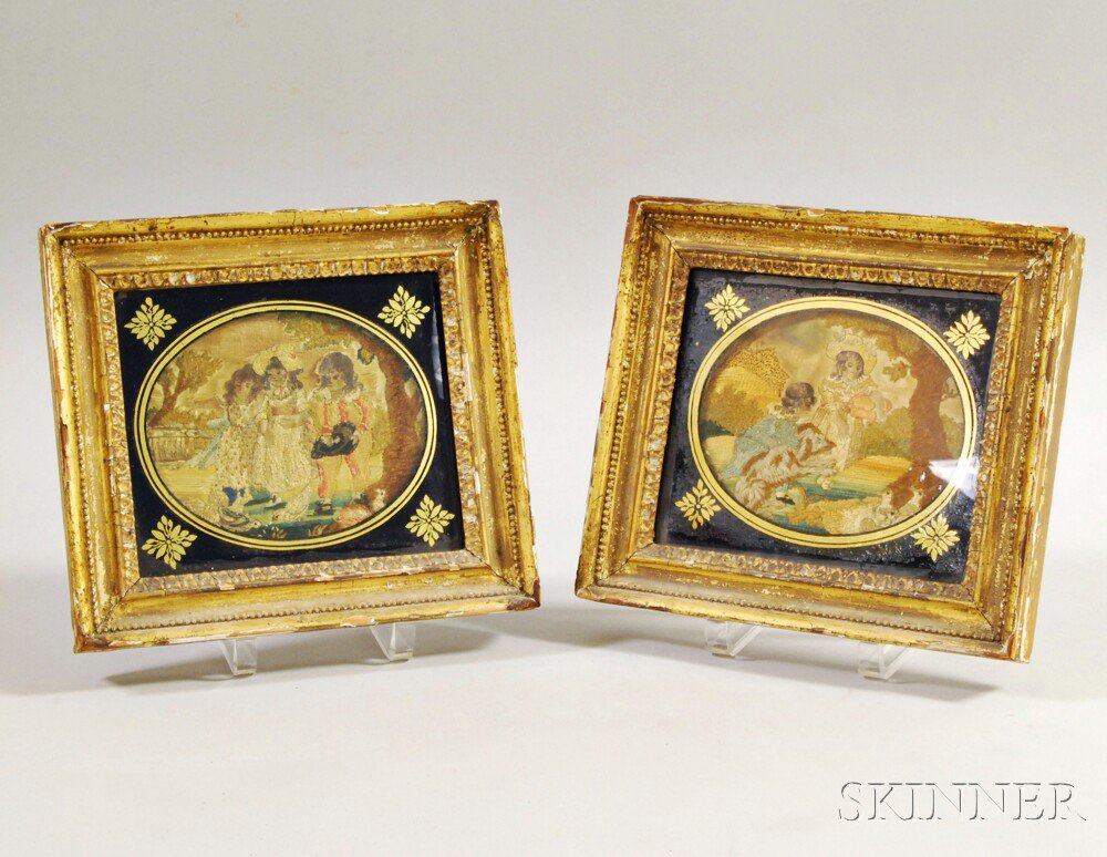 Appraisal: Pair of Small Framed Needlework Figural Scenes England th century