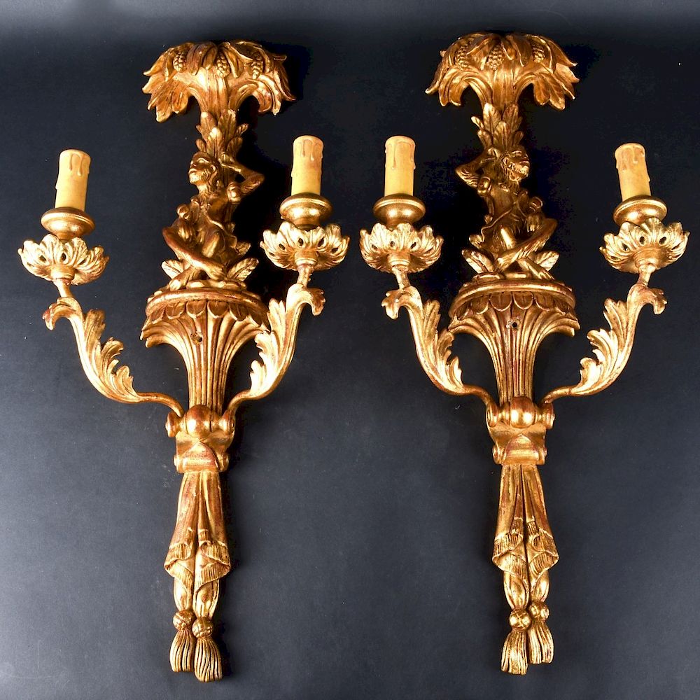 Appraisal: Pair of Wall Sconces Pair of Italian Giltwood Figural Two