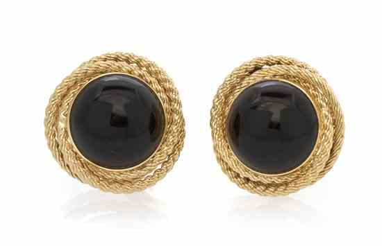 Appraisal: A Pair of Karat Yellow Gold and Onyx Earclips containing