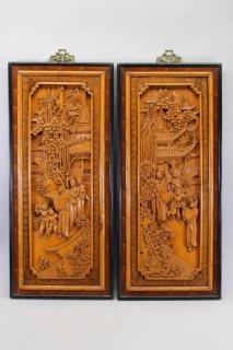 Appraisal: Finely Carved Chinese Figural Wall Panels Finely Carved Wood Chinese