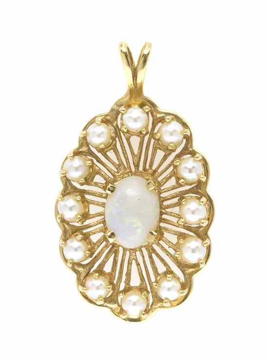 Appraisal: A Karat Yellow Gold Opal and Seed Pearl Pendant containing