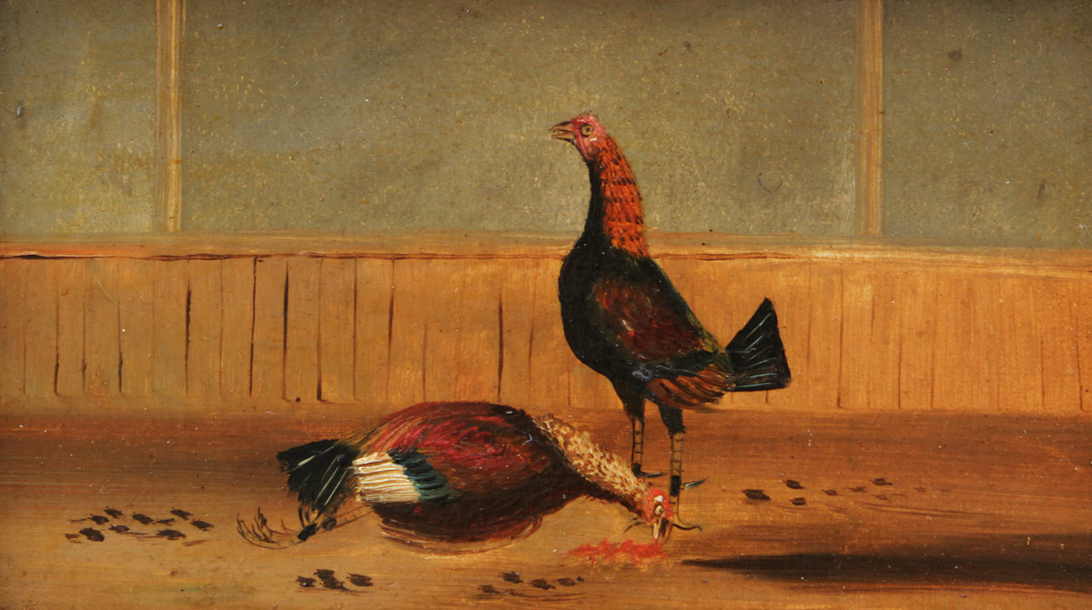 Appraisal: TH CENTURY COCK FIGHT PAINTING ''The Death'' Oil Board no