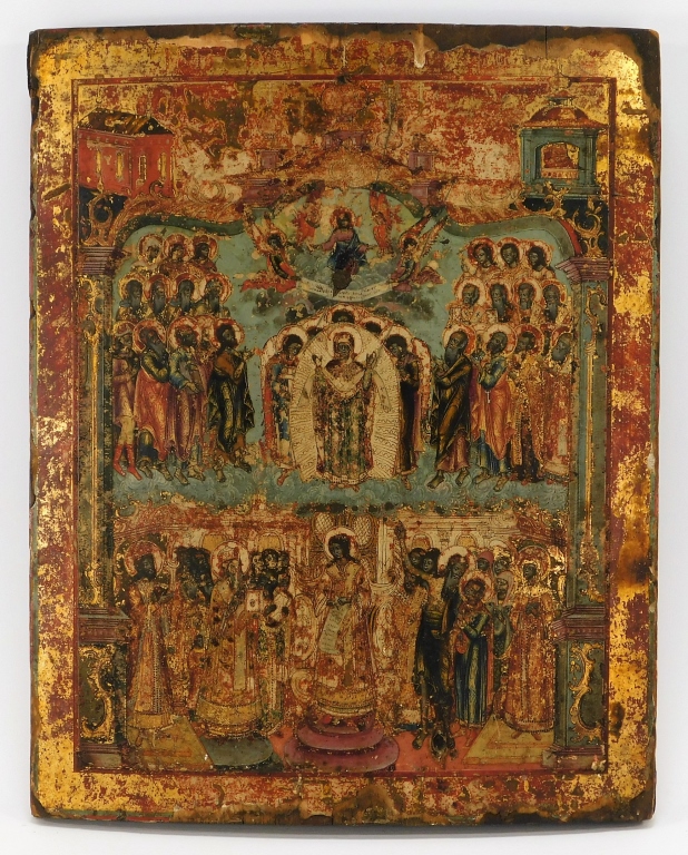 Appraisal: C RUSSIAN HEAVEN EARTH WORSHIP ICON PAINTING Russia th CenturyTraditional