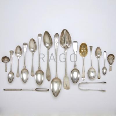 Appraisal: ENGLISH AND CONTINENTAL SILVER SPOONS AND TONGS Fifty four pieces