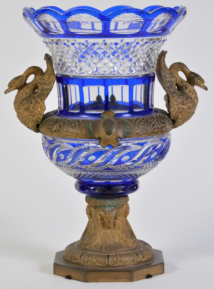 Appraisal: Large Bronze Mounted Cobalt Cut to Clear Vase Bronze mounted