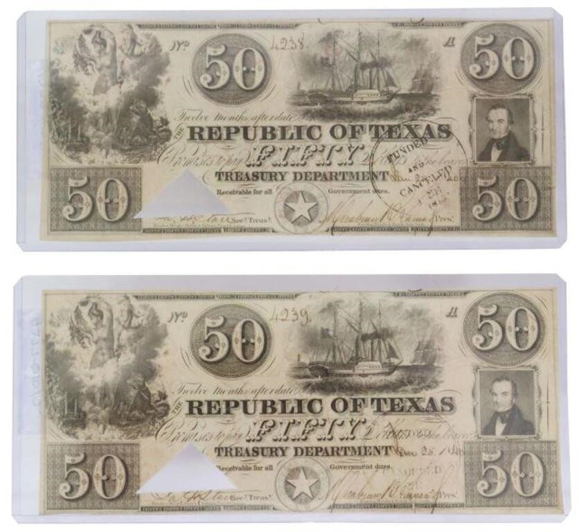 Appraisal: Republic of Texas Currency both dated Jan and consecutively serial