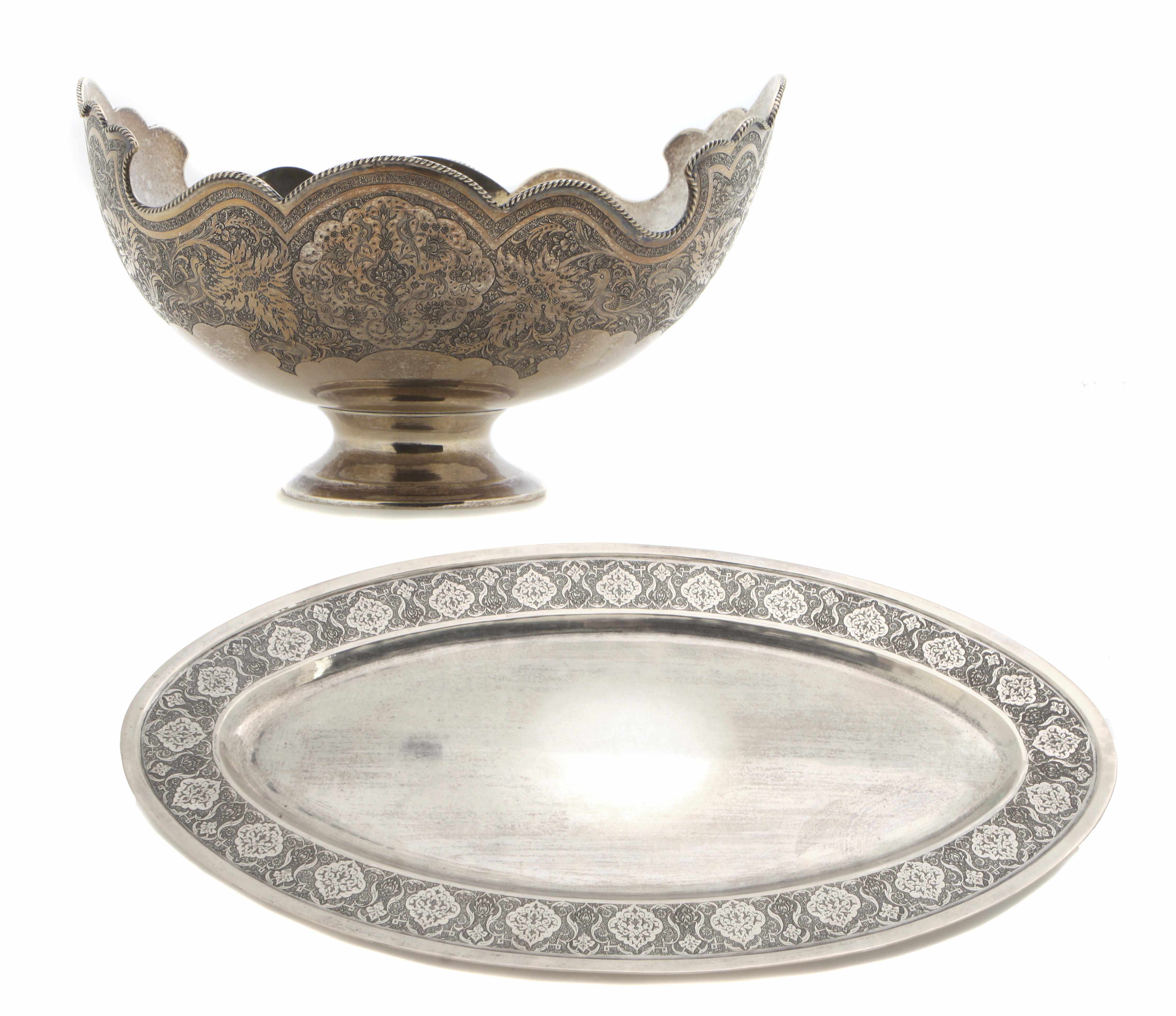 Appraisal: A Persian standard silver footed center bowl and oval fish