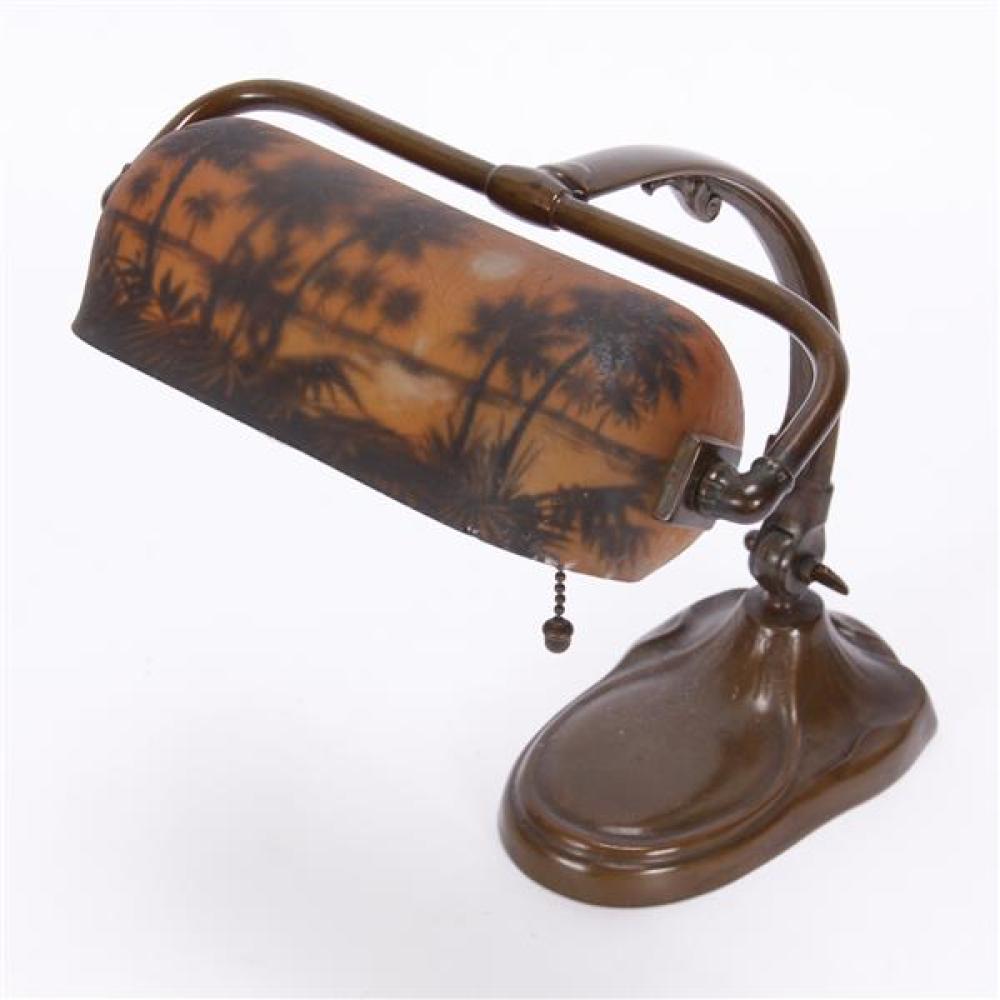 Appraisal: HANDEL BRONZE STUDENT DESK LAMP WITH REVERSE PAINTED SCENIC GLASS