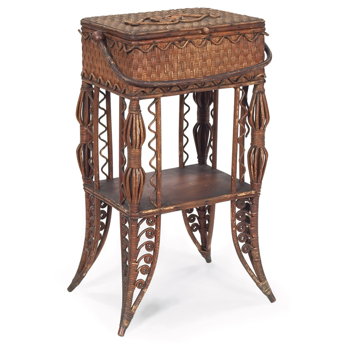 Appraisal: Heywood Wakefield sewing stand woven rattan with applied decorations original