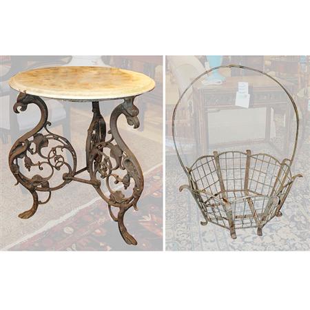 Appraisal: Marble Top Painted Iron Table Together with an Iron Basket