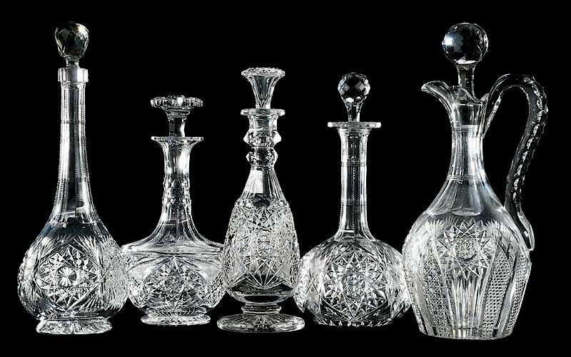 Appraisal: Five Cut Glass Decanters J Hoare Libbey three by Libbey