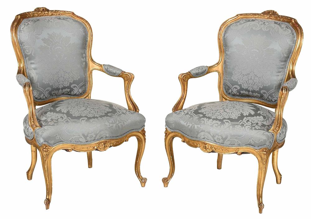 Appraisal: Pair Louis XV Style Carved Gilt Armchairs French or Italian