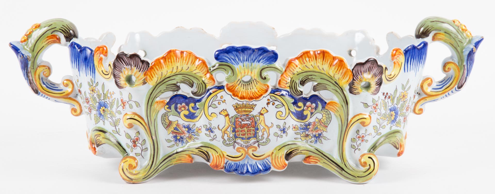 Appraisal: French faience double-handled centerpiece late th early th century floral