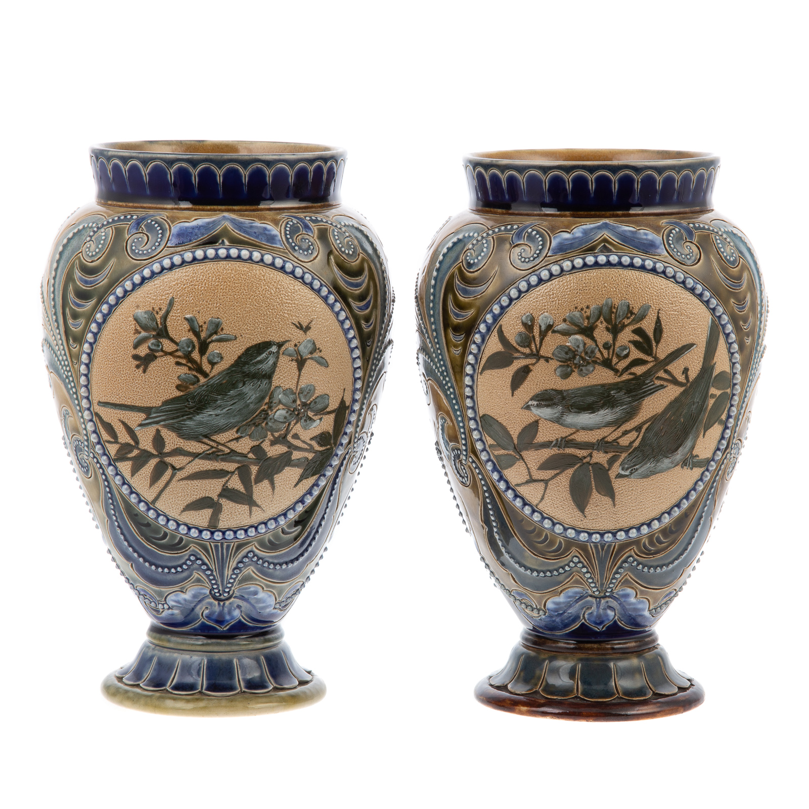 Appraisal: A PAIR OF DOULTON BURSLEM STONEWARE URNS Dated beautifully decorated