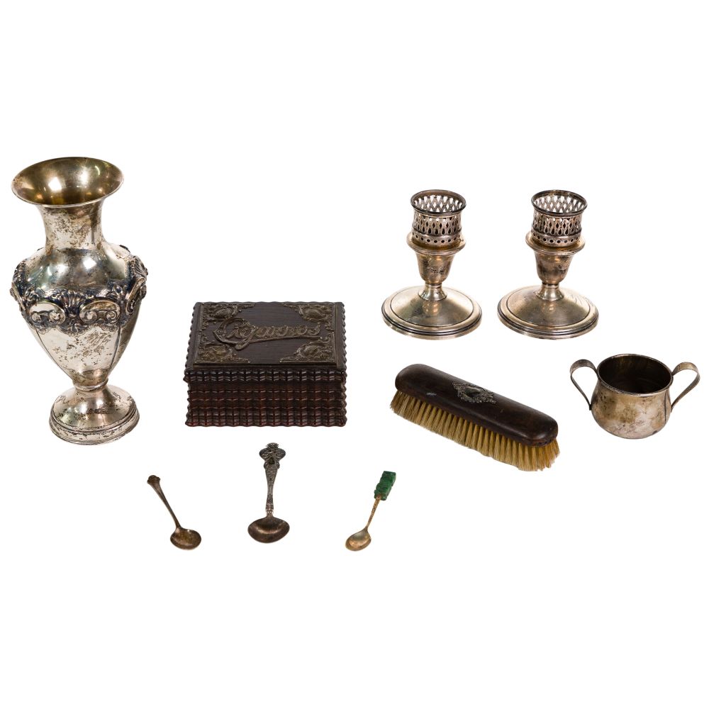 Appraisal: STERLING SILVER OBJECT ASSORTMENT items including spoons cup weighted candleholders