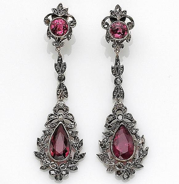 Appraisal: A pair of antique pink tourmaline and diamond pendant earclips