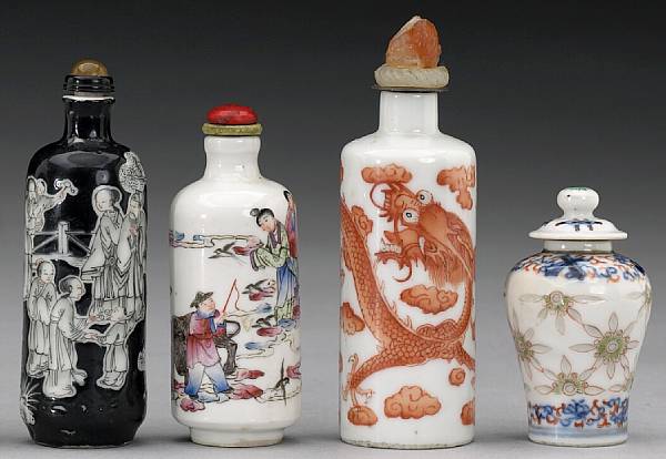 Appraisal: Six enameled porcelain snuff bottles Including a black ground cylindrical