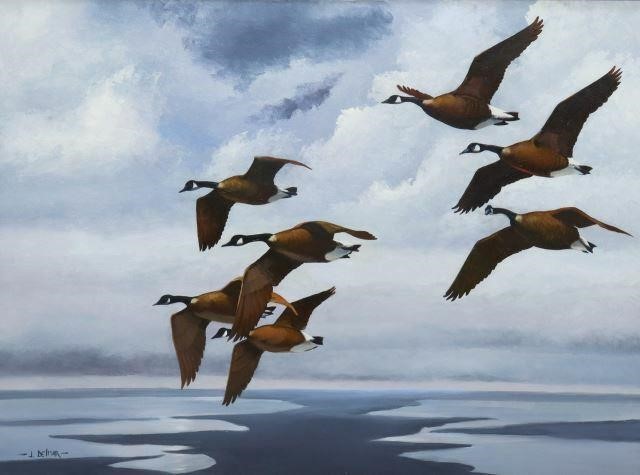 Appraisal: Framed oil painting on canvas Canada Geese in Flight signed