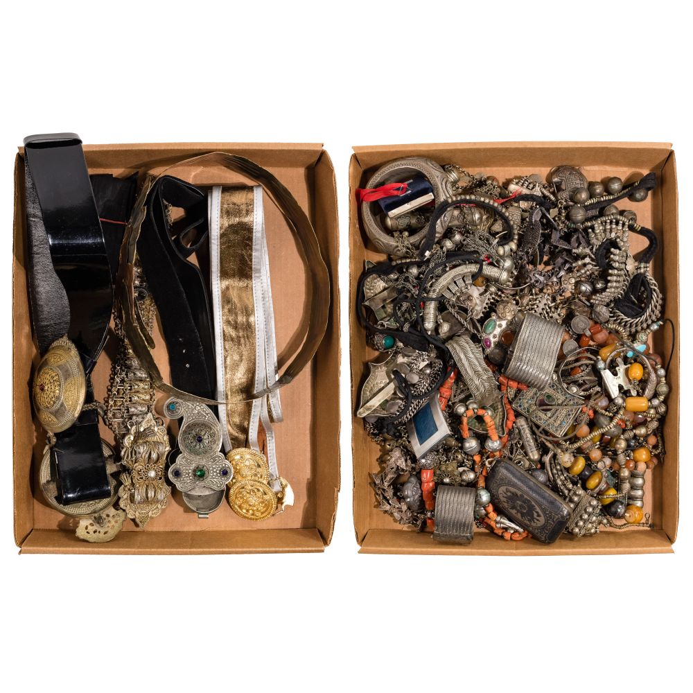 Appraisal: MOROCCAN STYLE JEWELRY AND BELT ASSORTMENTOver pounds of ethnographic belts