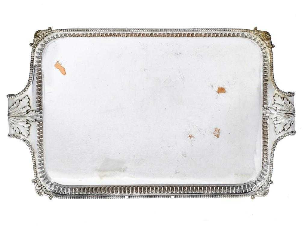 Appraisal: AN OLD SHEFFIELD PLATE TEA TRAY with leaf pierced border