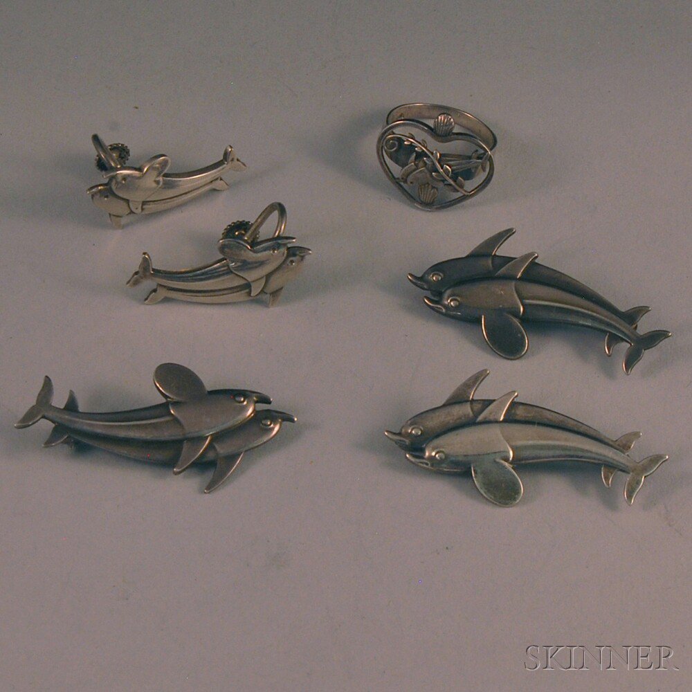 Appraisal: Suite of Georg Jensen Sterling Silver Dolphin Jewelry Copenhagen post-