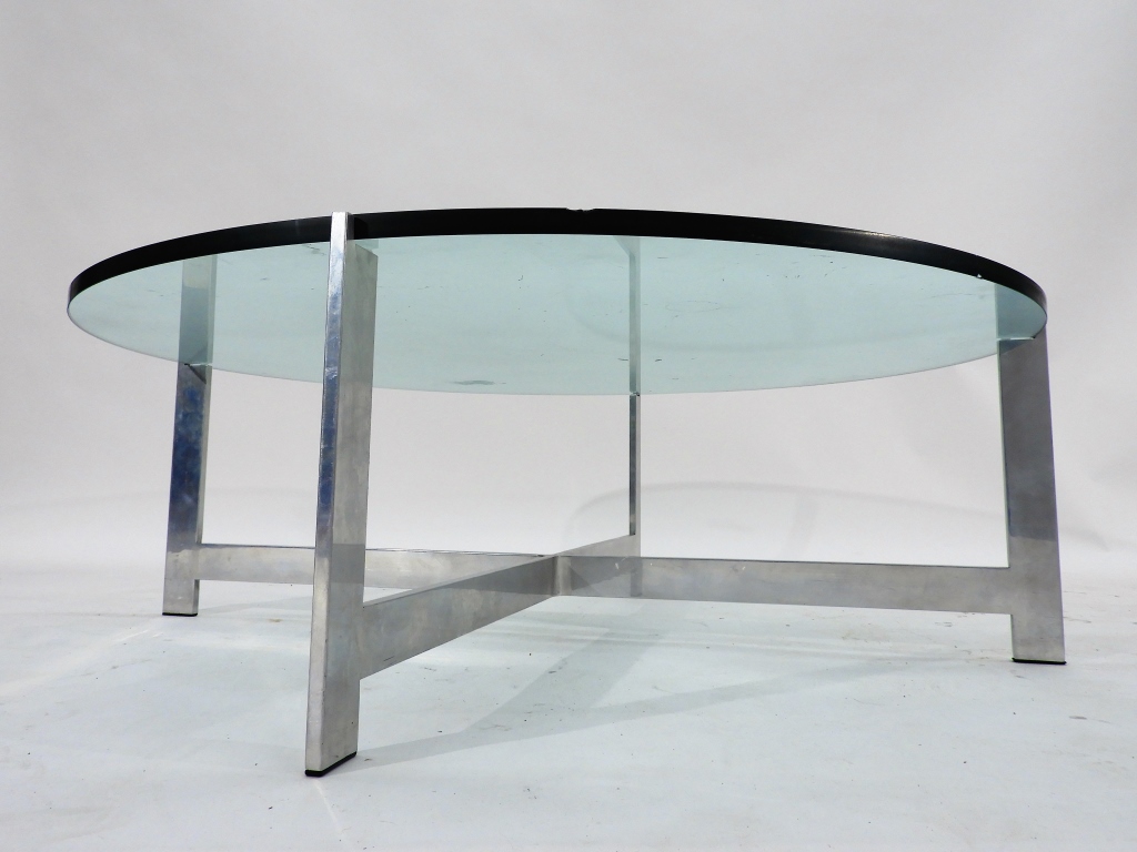 Appraisal: MIES VAN DER ROHE GLASS ALUMINUM COFFEE TABLE Germany United