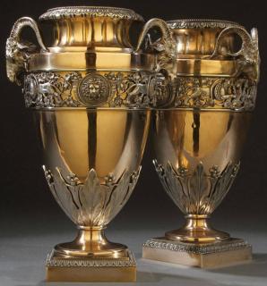 Appraisal: PAIR OF FRENCH POLISHED BRONZE URNS A PAIR OF FRENCH