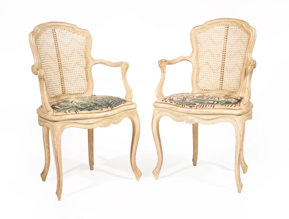 Appraisal: Pair of Louis XV-Style Creme Peinte Fauteuils th c stamped