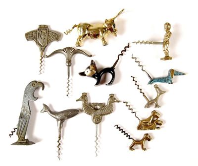 Appraisal: Twelve novelty corkscrews four Scandinavian pewter examples Negbaur parrot unmarked