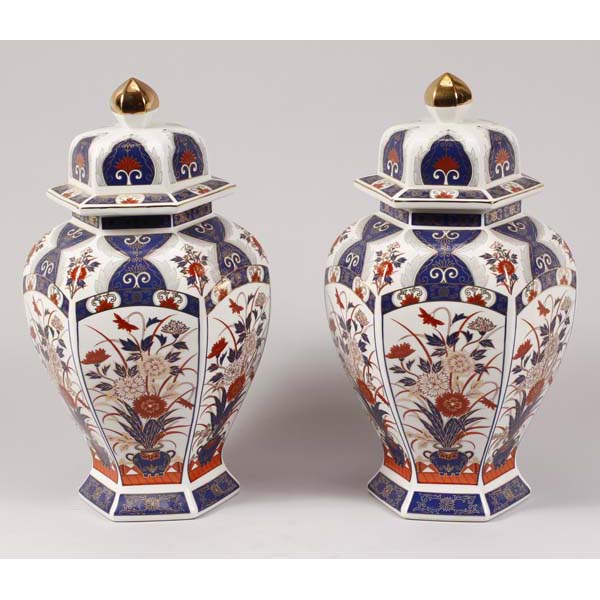 Appraisal: Pair LARGE English Delft style porcelain urns with transfer polychrome