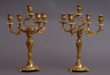 Appraisal: Pair of Louis XV-Style Gilt-Metal Five-Light Candelabra x in