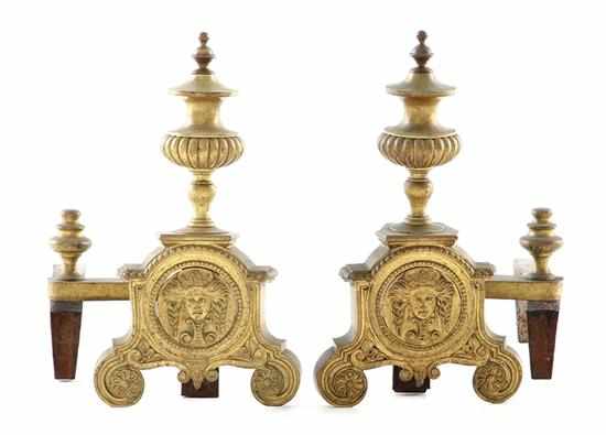 Appraisal: Pair Classical style brass andirons late th century urn-form finial