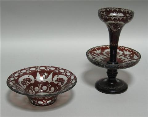 Appraisal: BOHEMIAN GLASS TWO-TIER CENTERPIECE Molded with a central circular foot