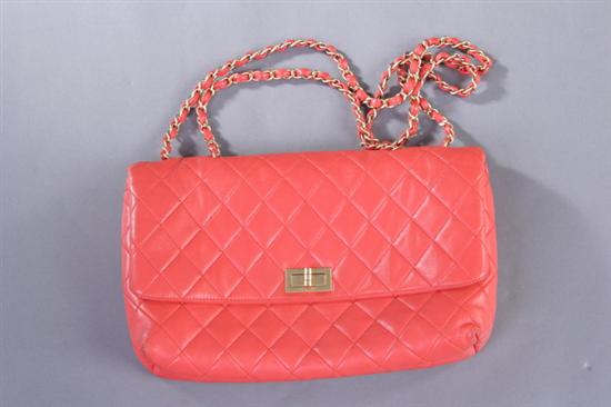 Appraisal: ORANGE LEATHER CHANEL HANDBAG WITH BOX Chanel carte d'authenticite Quilted