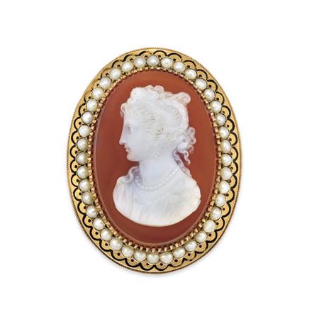 Appraisal: Antique Gold Hardstone Cameo Split Pearl and Black Enamel Brooch