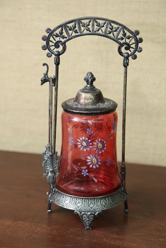 Appraisal: PICKLE CASTER Enameled polychrome floral decor on a cranberry paneled