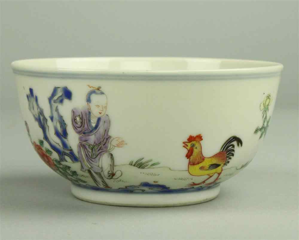 Appraisal: CHINESE FAMILLE ROSE ''BOY AND CHICKEN'' SMALL BOWL QIANLONG SIX-CHARACTER