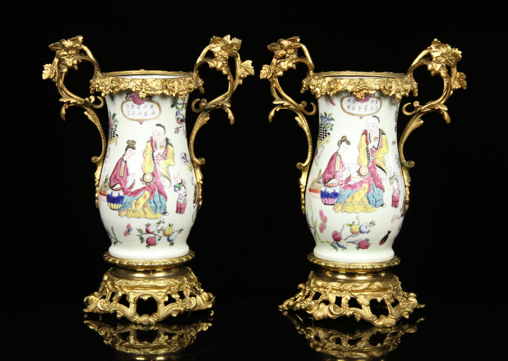 Appraisal: - Pr Chinese Ormolu Mounted Porcelain Vases Pair of Chinese