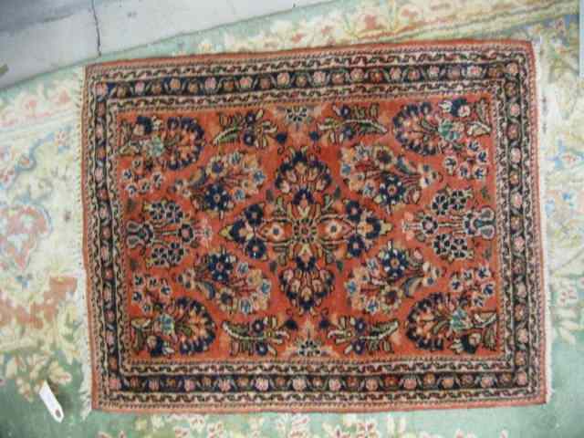 Appraisal: Sarouk Persian Handmade Mat floral on salmon field '' x