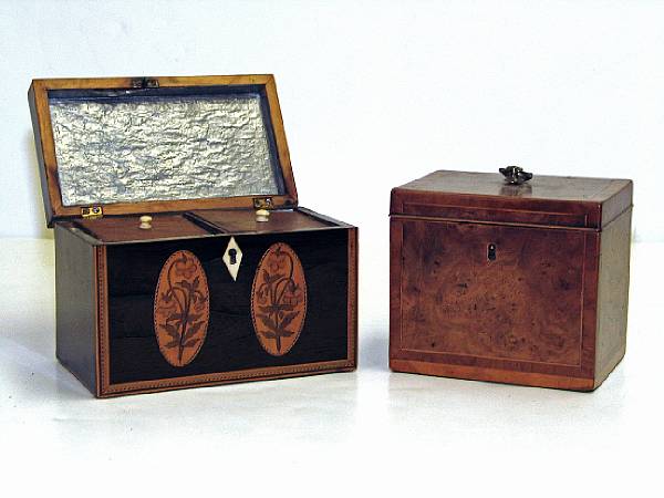 Appraisal: Two George III inlaid mahogany or burr yew tea caddies