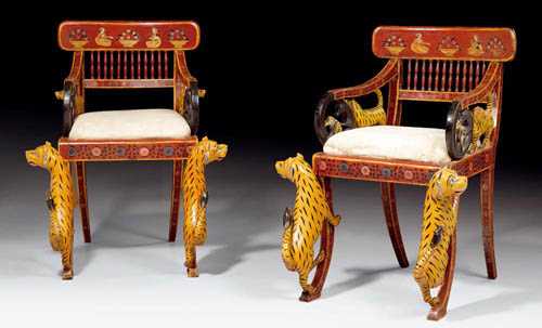 Appraisal: PAIR OF PAINTED ARMCHAIRS CARVED WITH LEOPARDS Edwardian England circa