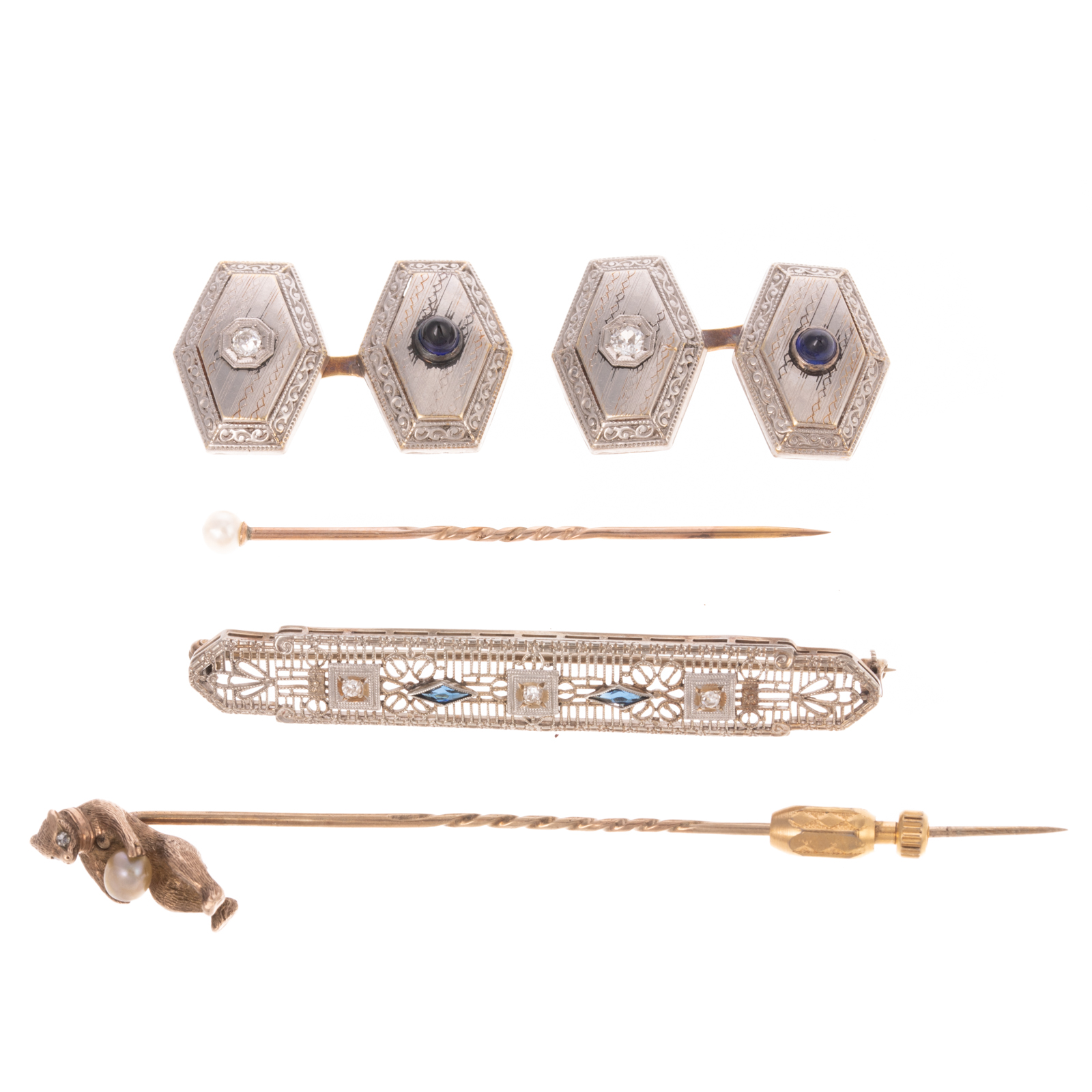 Appraisal: AN ASSORTMENT OF DIAMOND CUFFLINKS PINS IN GOLD K white