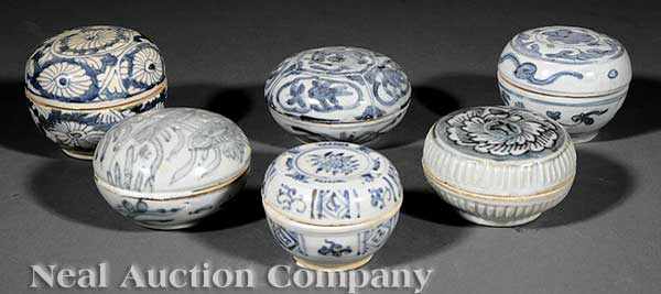 Appraisal: A Group of Six Antique Chinese Pottery Circular Boxes probably