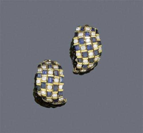 Appraisal: SAPPHIRE AND BRILLIANT-CUT DIAMOND CLIP EARRINGS Yellow gold Decorative clip