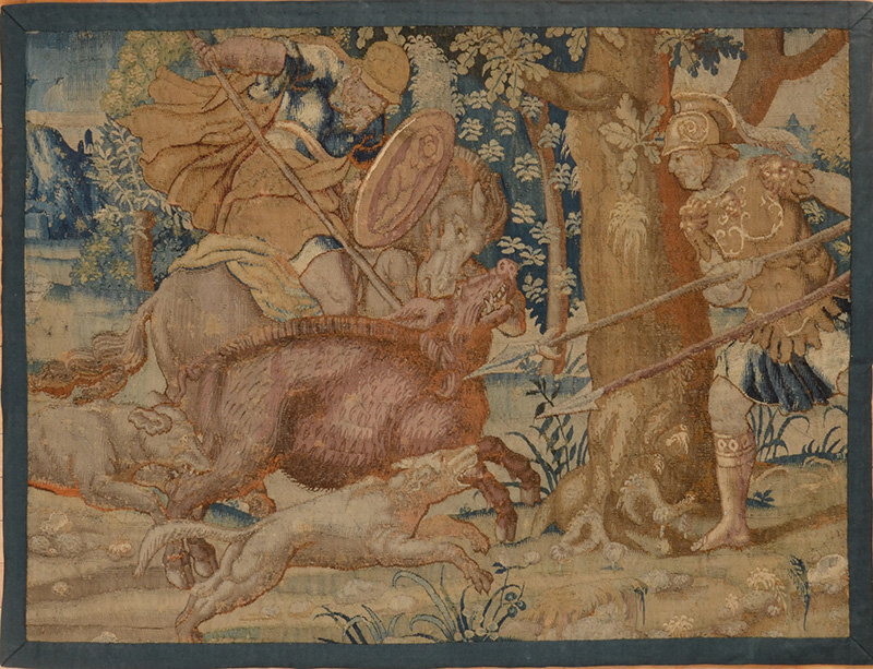 Appraisal: FLEMISH TAPESTRY FRAGMENT THE BOAR HUNT Worked with mounted spearman